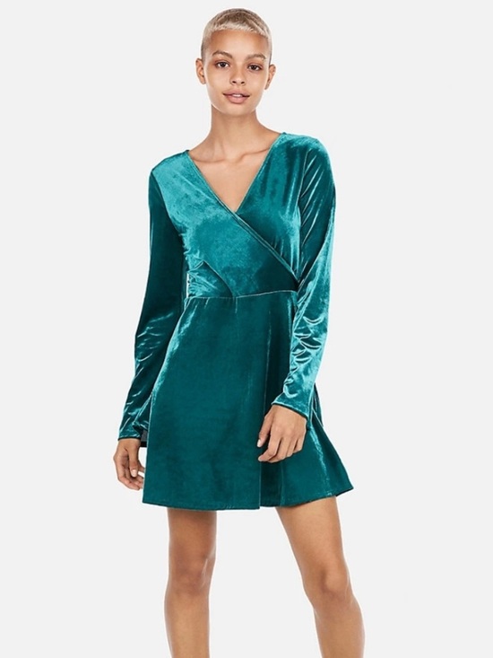 Express Dresses & Skirts - Express Teal Velvet Long-Sleeve Wrap Dress Size Small